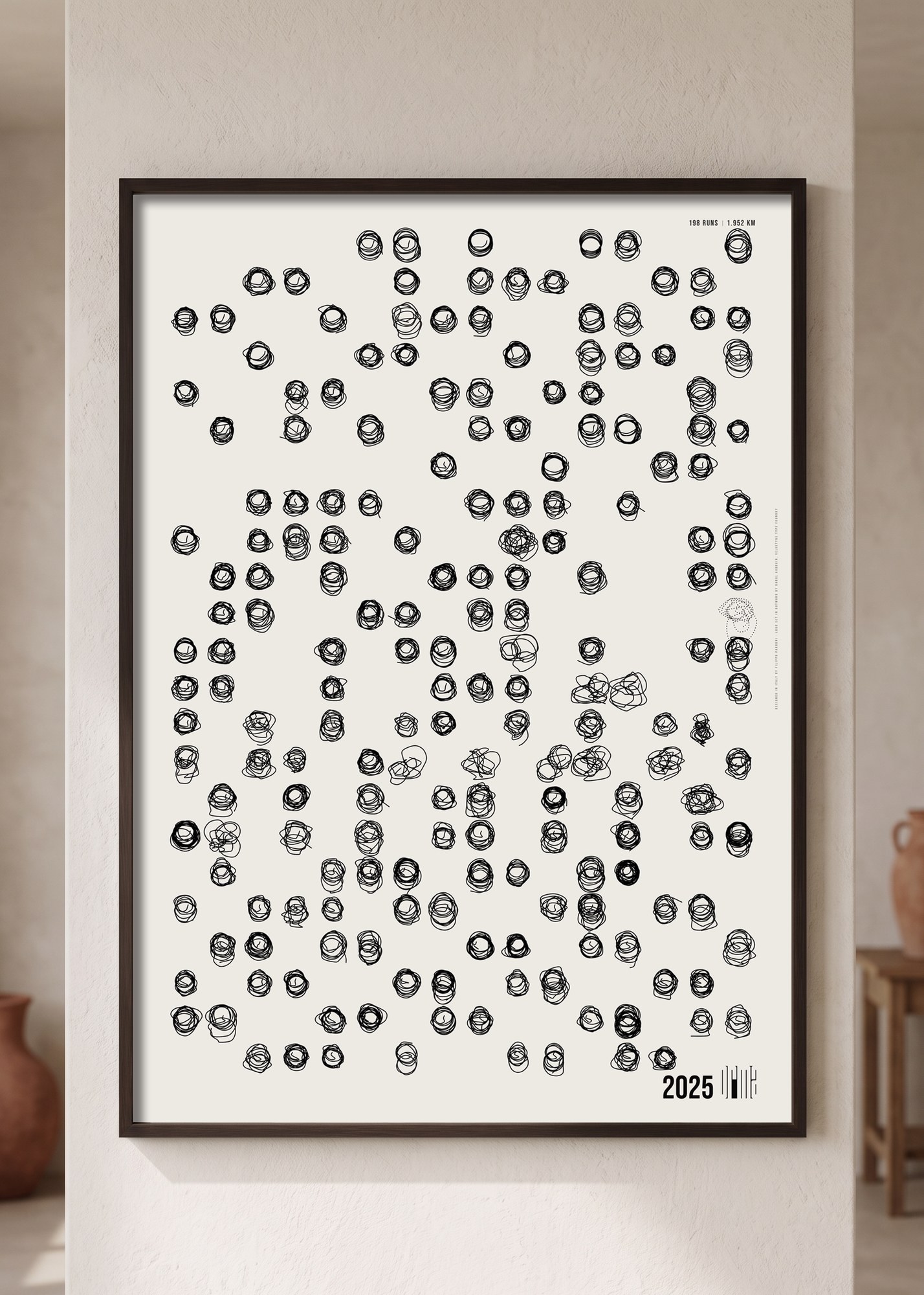 The same year printed as black traces, one per run, framed on a wall